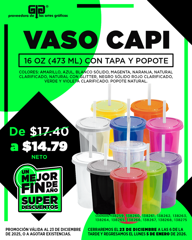 VASO CAPI CON TAPA Y POPOTE 16 OZ A $14.79