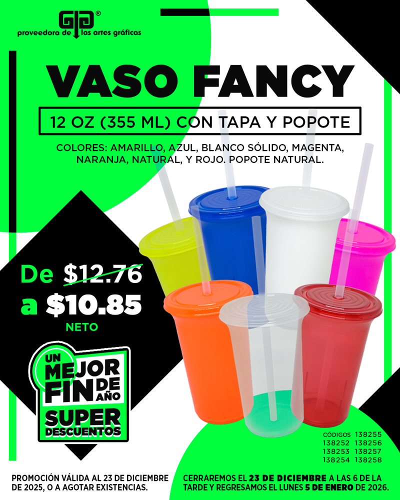 VASO FANCY, TAPA Y POPOTE, $10.85
