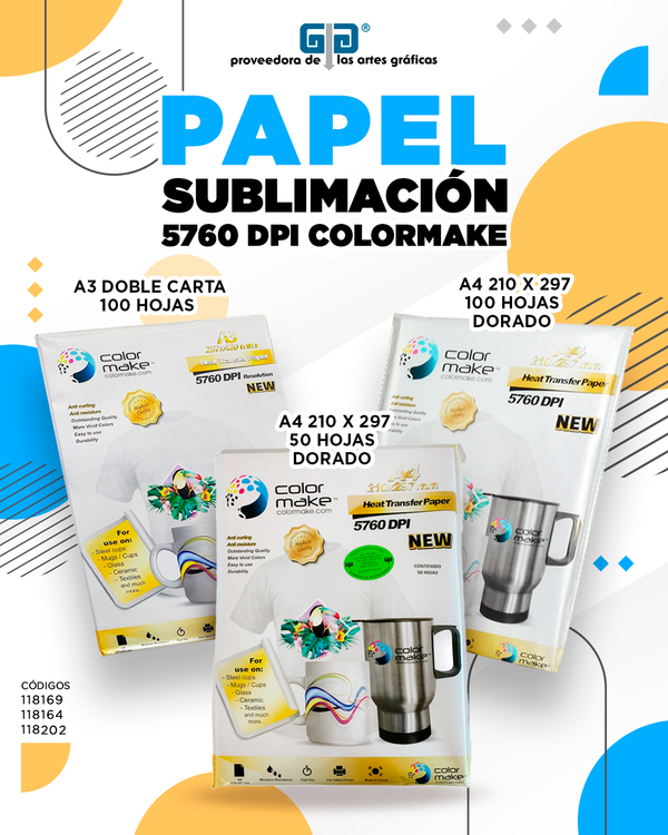 PAPEL PARA SUBLIMACION COLORMAKE   21.0 X 29.7 CMS A 4 con 100 hojas Dorado