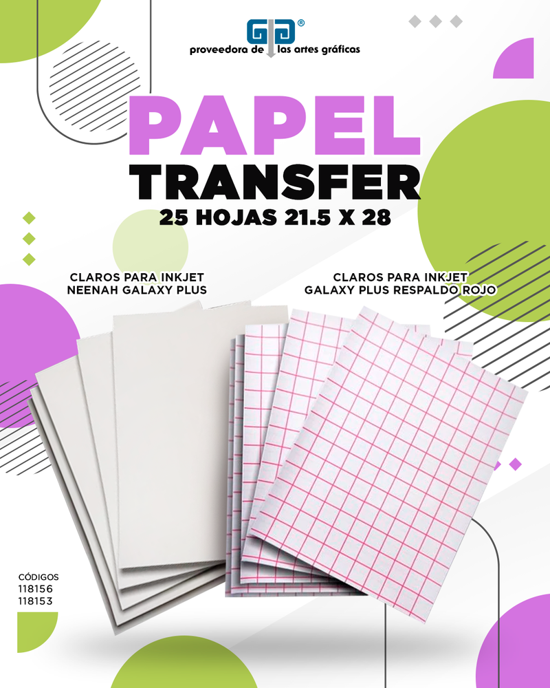 PAPEL TRANSFER GALAXY PLUS 21.5 28 CMS CON 25 HOJAS RESPALDO ROJO PARA CLAROS PARA INKJET