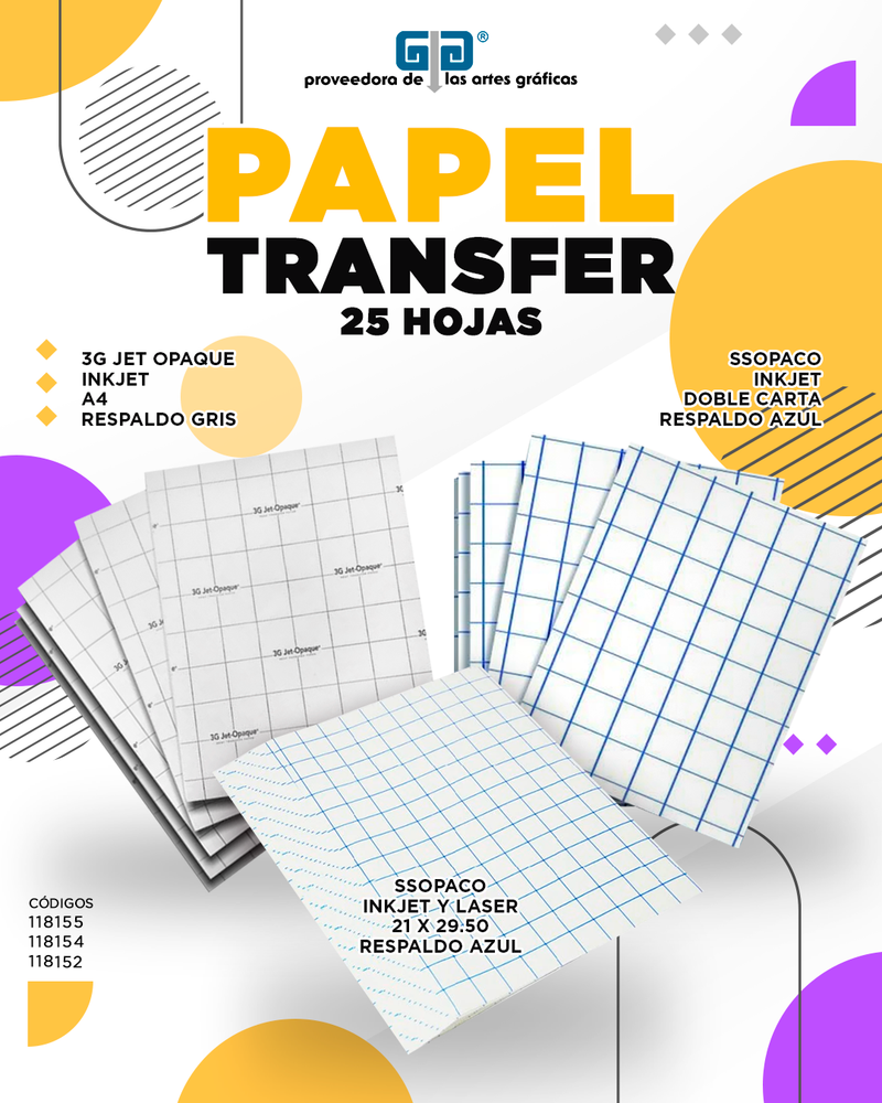 PAPEL TRANSFER 3G JET OPAQUE A4 21 X 29.7 CMS RESPALDO GRIS 25 HOJAS PARA INKJET