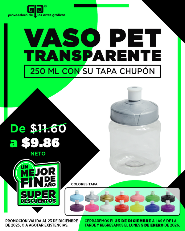 VASO PET 250 ML CON TAPA CHUPON $9.86
