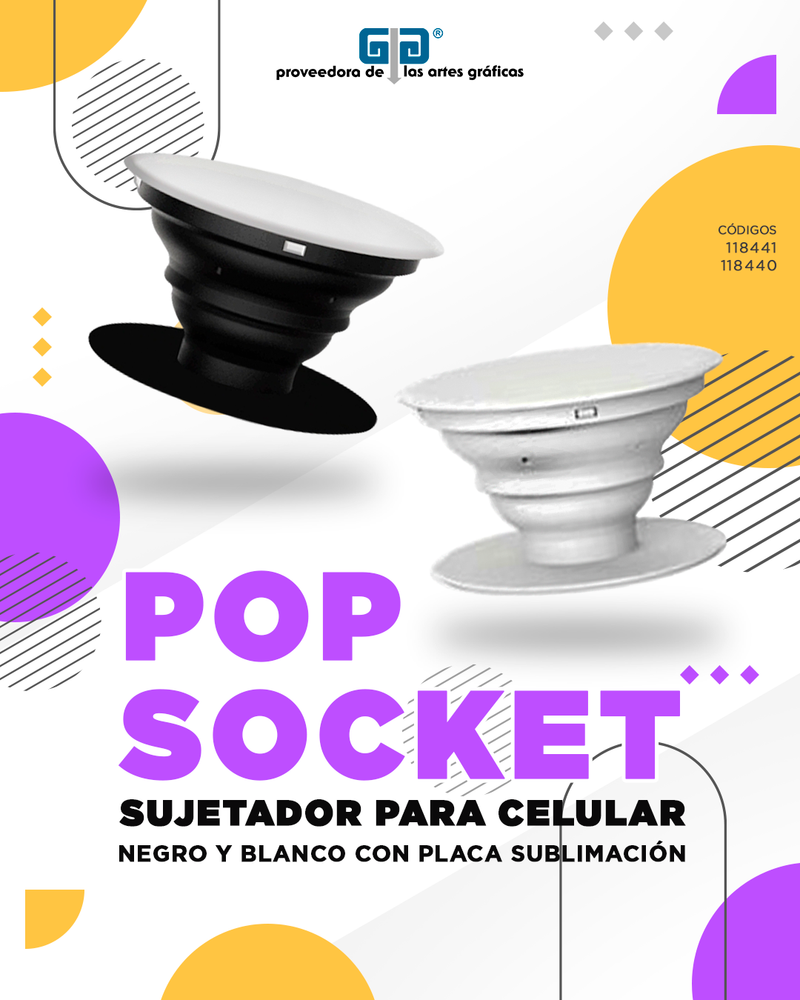 POP SOCKET  SUJETADOR PARA CELULAR NEGRO CON PLACA PARA SUBLIMAR SUBLIMACION ENCOGRAPHICS