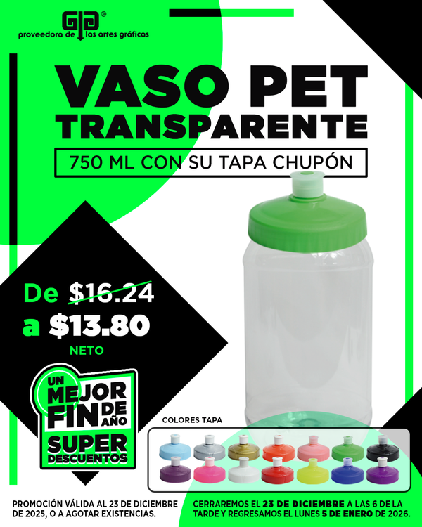 VASO PET 750 ML CON TAPA CHUPON EN $13.80