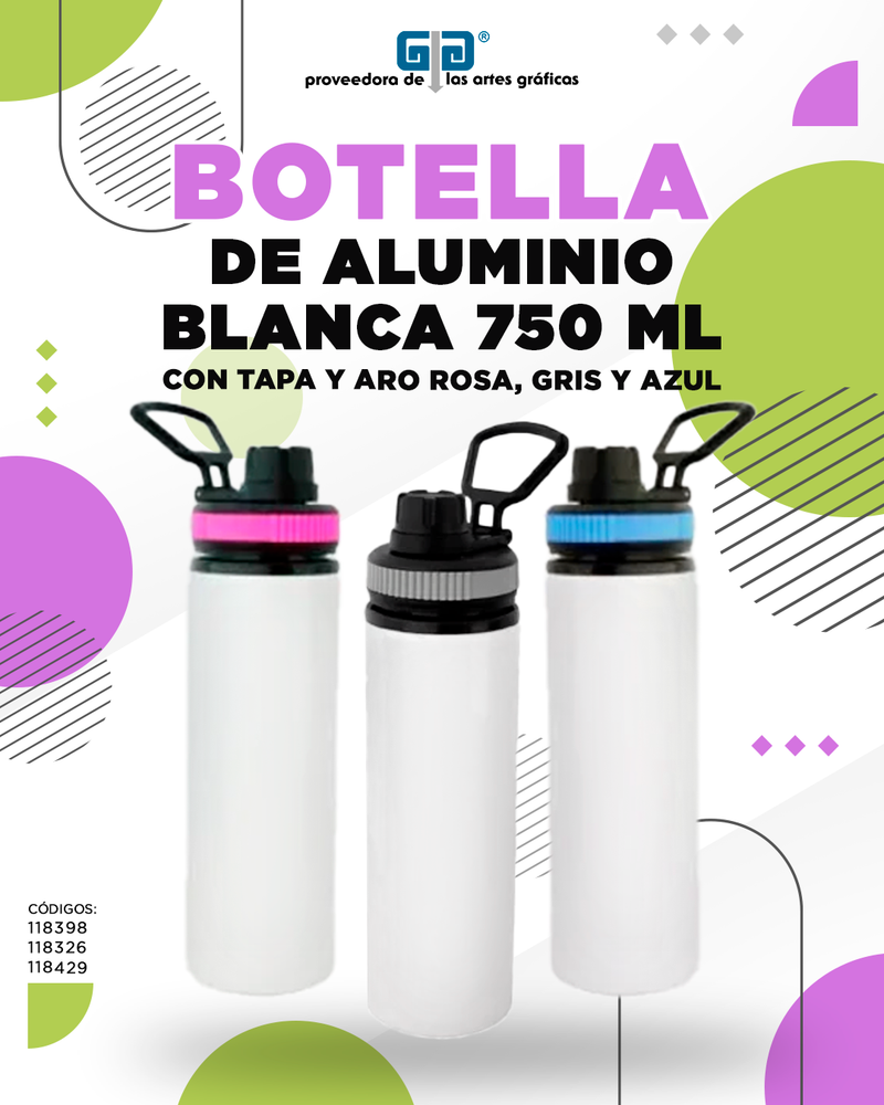 BOTELLA DE ALUMINIO BLANCA TAPA CON ARO AZUL 750 ML