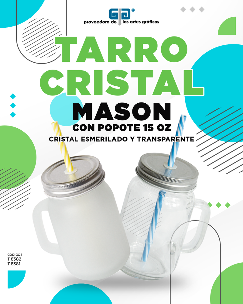 TARRO CRISTAL ESMERILADO MASON CON POPOTE 15 OZ PARA SUBLIMAR 443 ML SUBLIMACION ENCOGRAPHICS