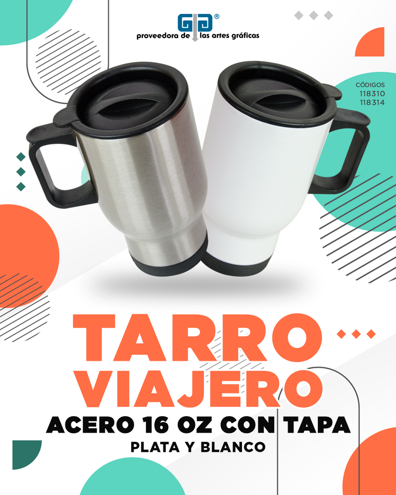 TARRO VIAJERO ACERO PLATA 16 OZ O 473 ML PARA SUBLIMAR SUBLIMACION ENCOGRAPHICS