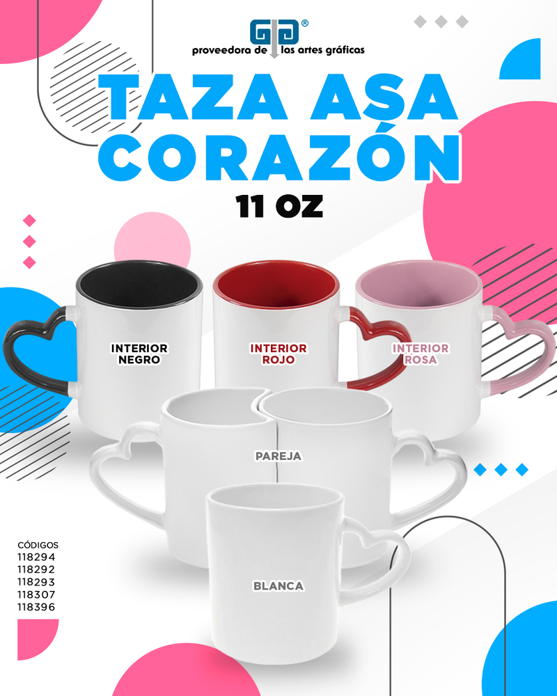 TAZA BLANCA 11 OZ ASA CORAZON INTERIOR NEGRO PARA SUBLIMAR 325 ML SUBLIMACION ENCOGRAPHICS