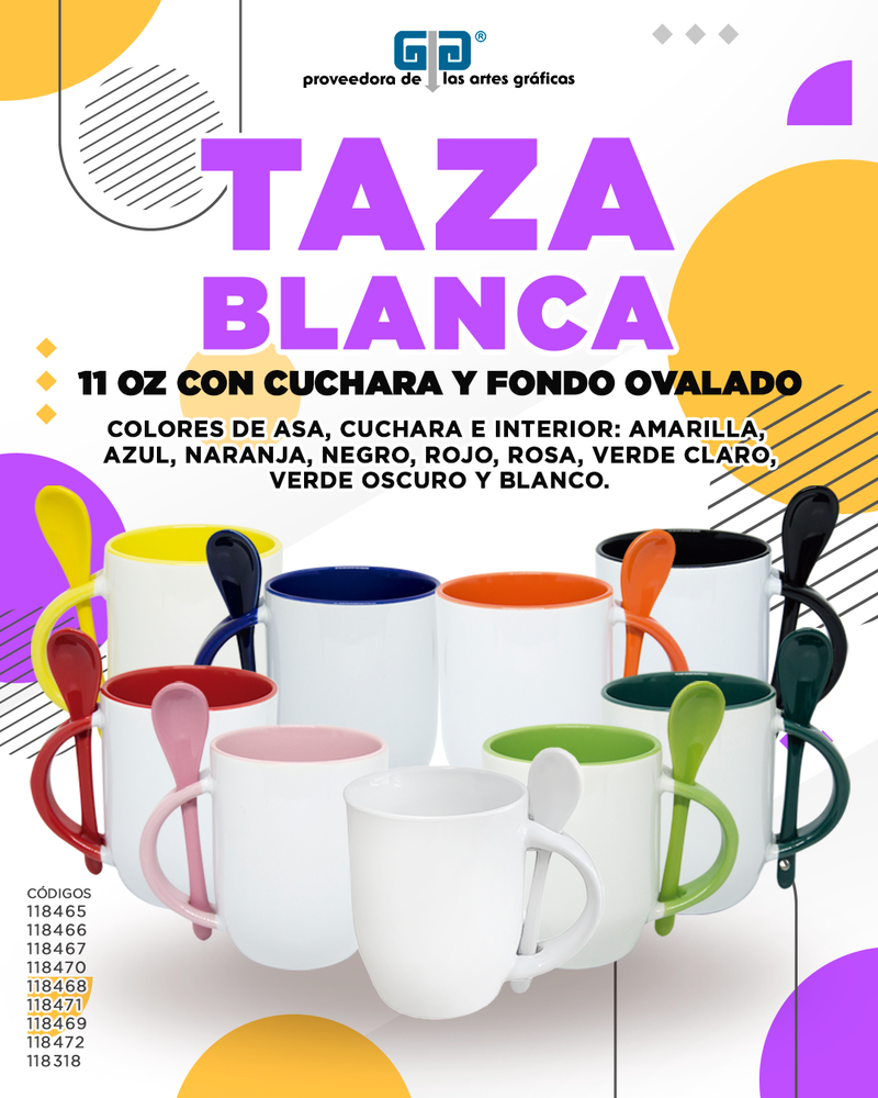 TAZA BLANCA CON CUCHARA 11 OZ AMARILLA FONDO OVALADO PARA SUBLIMAR SUBLIMACION ENCOGRAPHICS