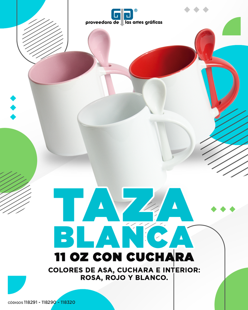 TAZA BLANCA INTERIOR BLANCO CUCHARA Y ASA BLANCA 11 OZ FONDO PLANO PARA SUBLIMAR SUBLIMACION ENCOGRAPHICS