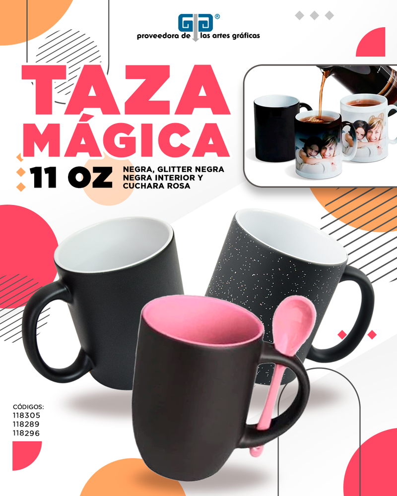 TAZA MAGICA NEGRA INTERIOR Y CUCHARA ROSA 11 OZ