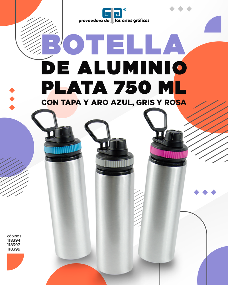 BOTELLA ALUMINIO PLATA CON TAPA Y ARO ROSA PARA SUBLIMAR 750 ML SUBLIMACION ENCOGRAPHICS