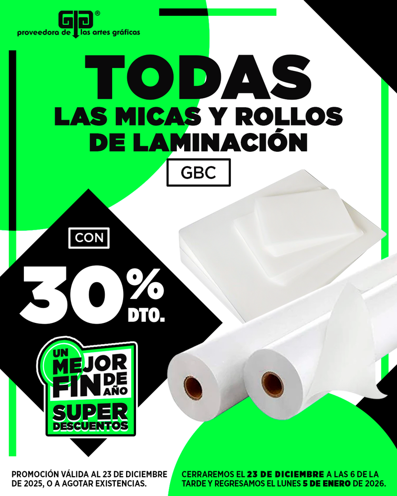 Descuento en Micas, Broches, Cerlox, Engargoladoras, Micas, Nap Lam, Guillotinas, Engrapadoras 30%