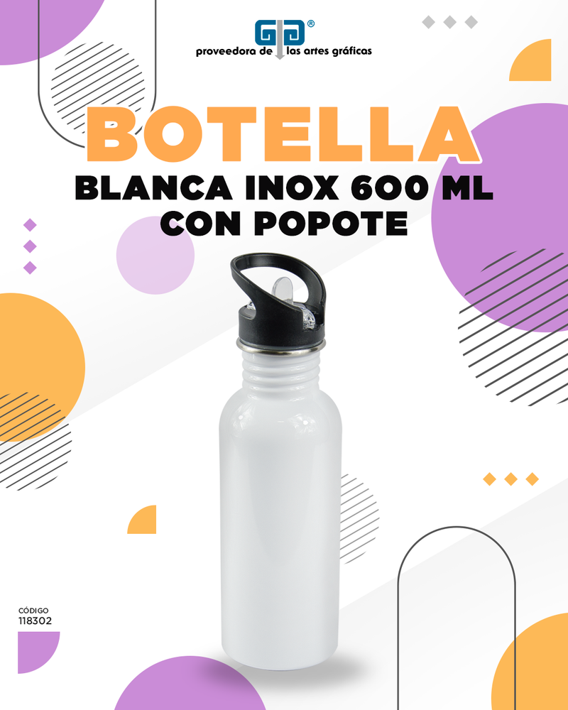 BOTELLA ACERO INOXIDABLE BLANCA CON POPOTE PARA SUBLIMAR 600 ML SUBLIMACION ENCOGRAPHICS