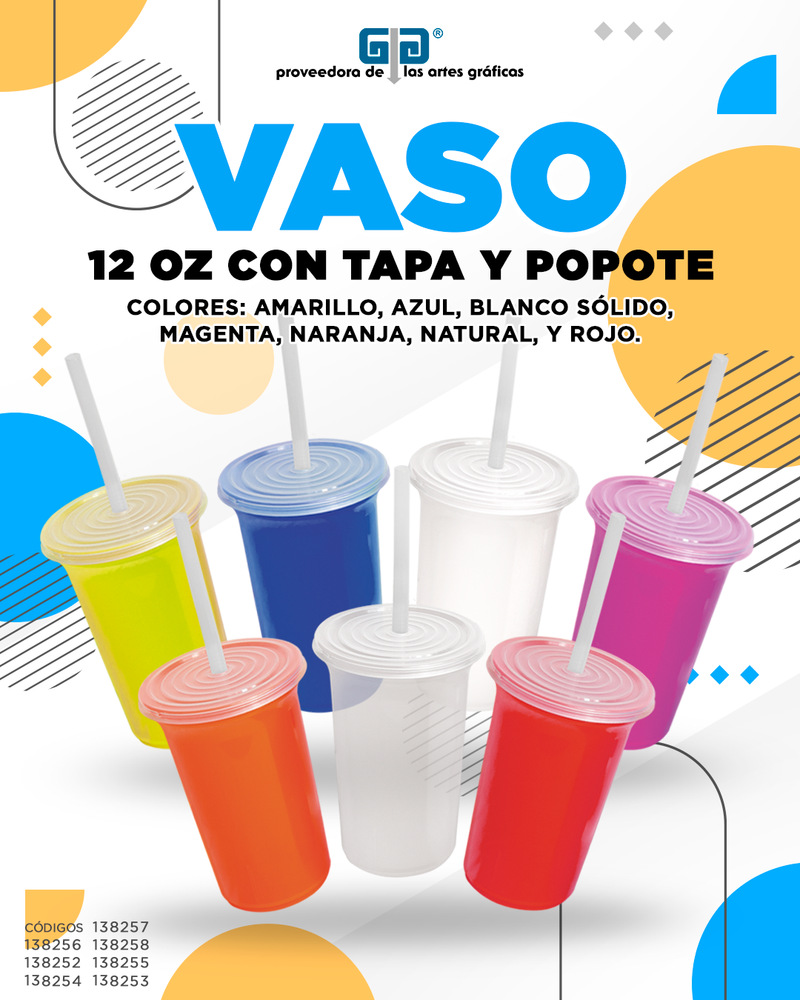 VASO  12 OZ CON TAPA Y POPOTE VARIEDAD EN COLORES