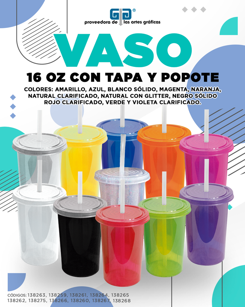 VASO 16 OZ CON TAPA Y POPOTE BLANCO