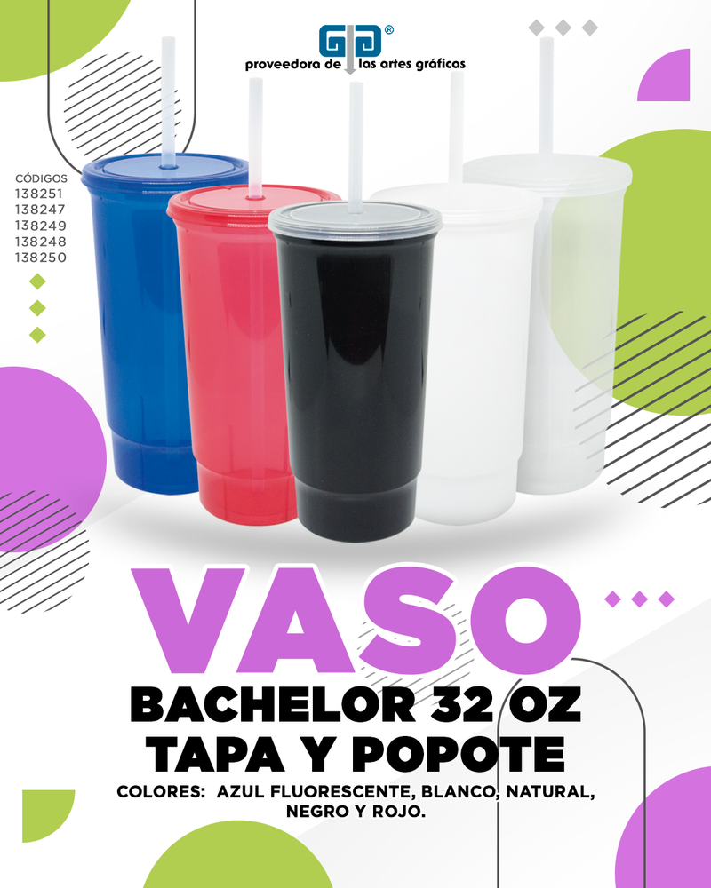 VASO BACHELOR 32 OZ BLANCO TAPA Y POPOTE