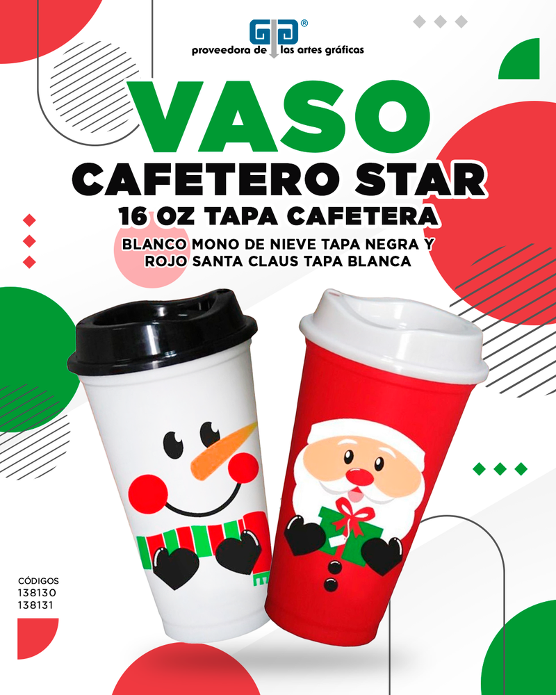 VASO CAFETERO STAR NAVIDEÑO BLANCO CON IMAGEN MONO DE NIEVE 16 OZ TAPA NEGRA  ¡Ya disponibles!