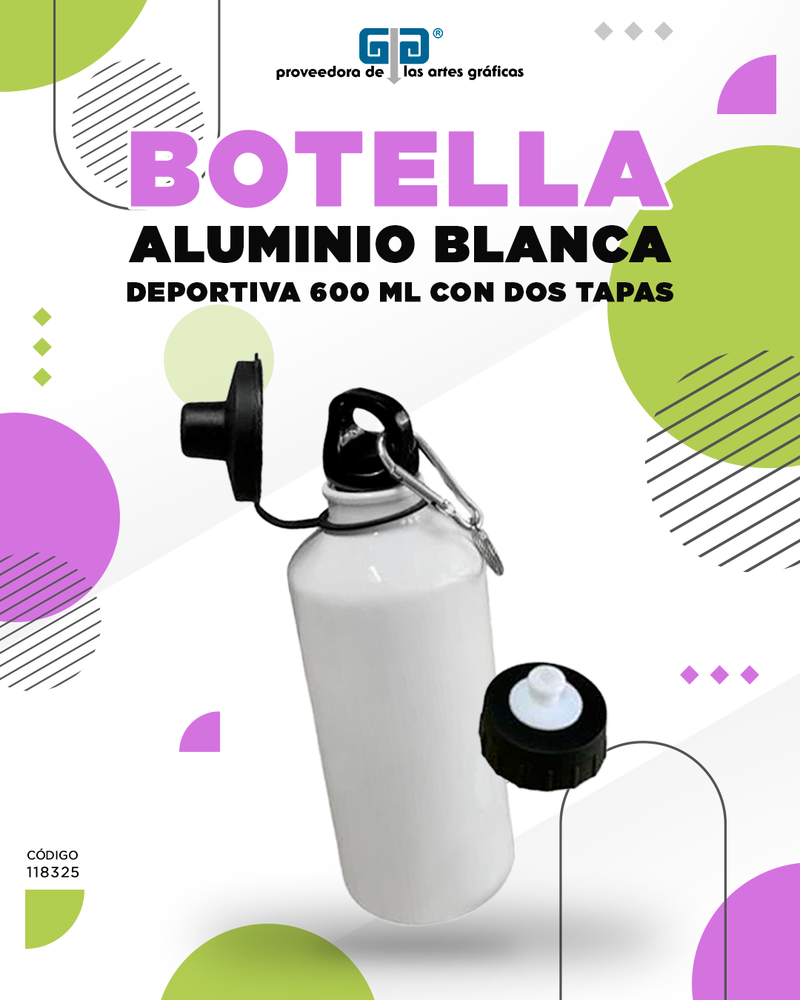 BOTELLA ALUMINIO BLANCA DEPORTIVA 600 ML DOBLE TAPA