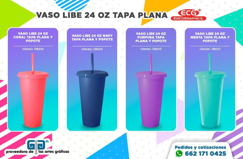 VASO LIBE 24 OZ TAPA PLANA Y POPOTE VARIEDAD EN COLORES