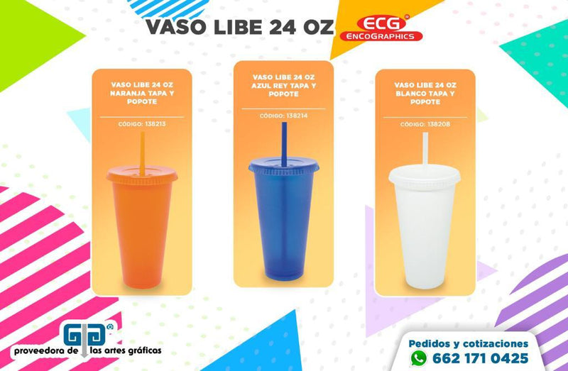 VASO LIBE 24 OZ TAPA PLANA Y POPOTE VARIEDAD EN COLORES