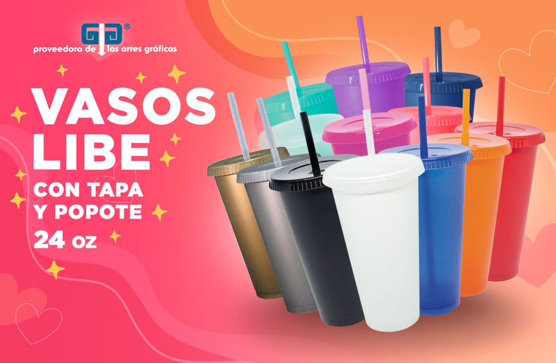VASO LIBE 24 OZ TAPA PLANA Y POPOTE VARIEDAD EN COLORES