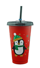 VASO NAVIDEÑO PINGUINO ROJO TAPA Y POPOTE NEGRO 16 OZ