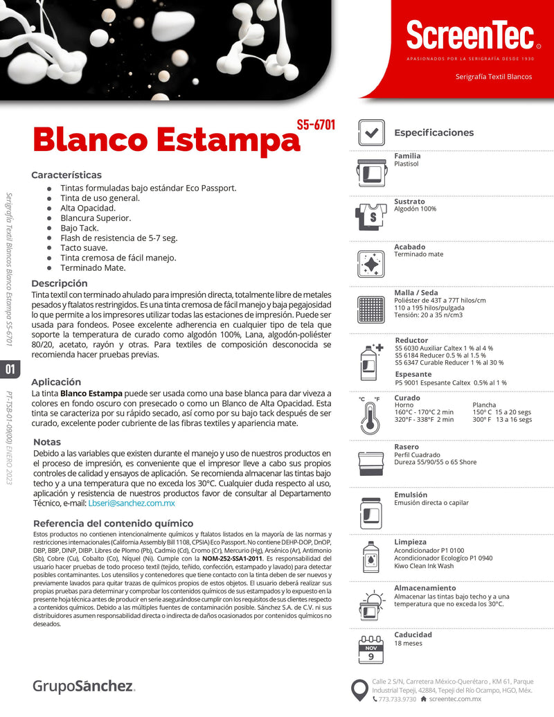 BLANCO ESTAMPA TINTA 1 KG S5 6701. PARA TELAS: ALGODON, LANA, ACETATO, RAYON, ALGODÓN-POLIESTER.