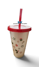 VASO NAVIDEÑO SANTA CLAUS BLANCO PERLA TAPA Y POPOTE ROJO 16 OZ