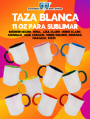 TAZA BLANCA 11 OZ PARA SUBLIMAR INTERIOR Y ASA EN VARIEDAD DE COLORES