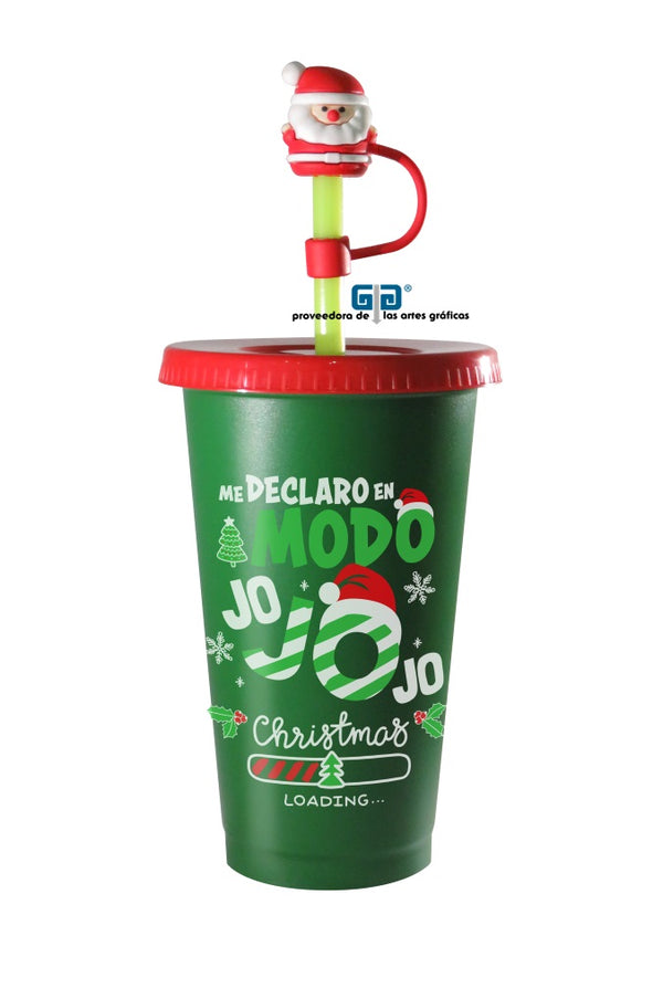 VASO NAVIDEÑO VERDE CON TAPA ROJA Y POPOTE CON TAPON SANTA CLAUS 16 OZ  ¡Ya disponibles!