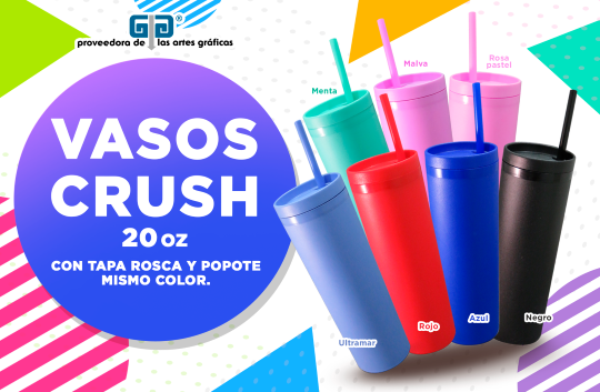 VASO CRUSH 20 OZ CON TAPA ROSCA Y POPOTE  VARIEDAD EN COLORES