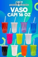 VASO CAPI 16 OZ CON TAPA DE COLOR Y POPOTE NATURAL, VARIEDAD EN COLORES