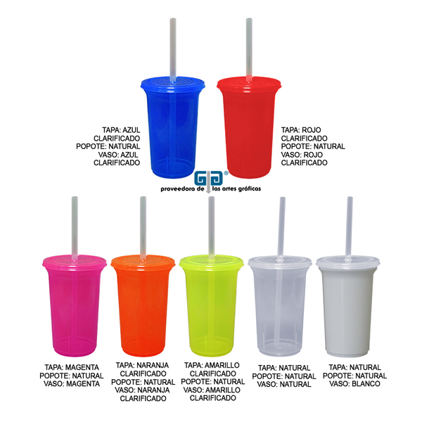 VASO  12 OZ CON TAPA Y POPOTE VARIEDAD EN COLORES