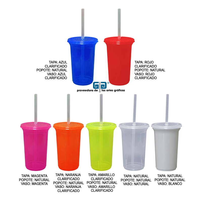 VASO  12 OZ CON TAPA Y POPOTE VARIEDAD EN COLORES