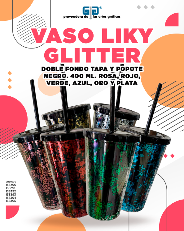 VASO LIKY ROSA GLITTER DOBLE FONDO TAPA Y POPOTE NEGRO