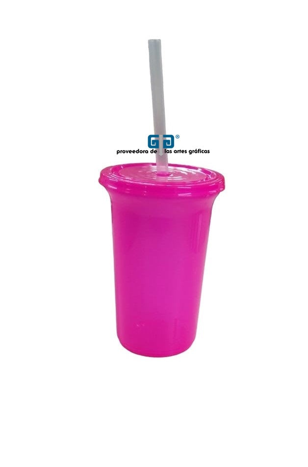 VASO  12 OZ CON TAPA Y POPOTE VARIEDAD EN COLORES