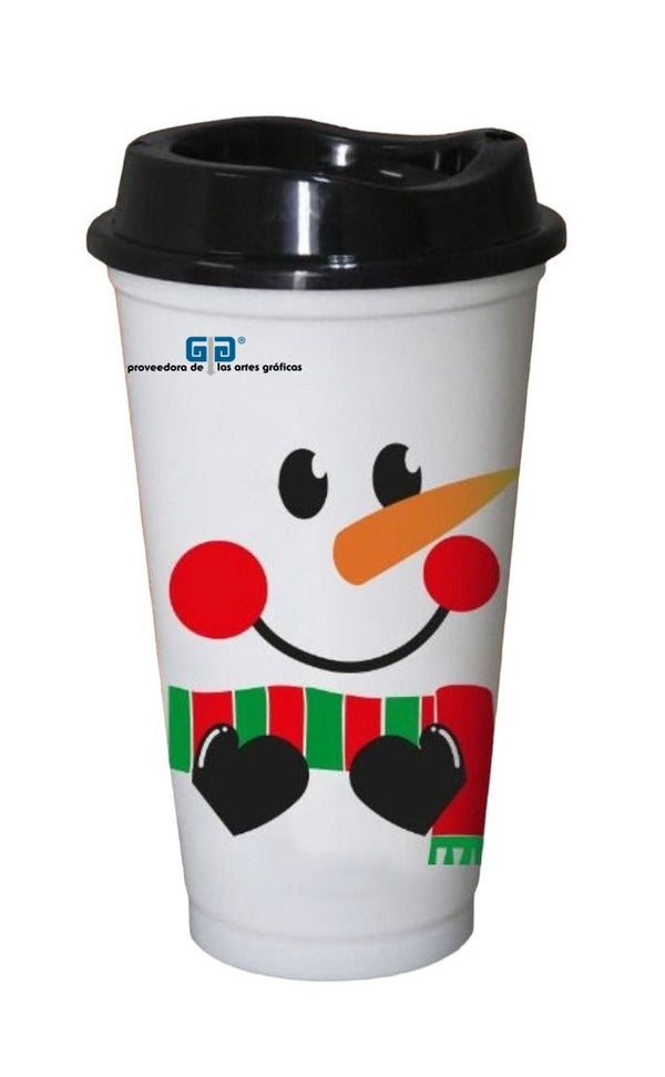 VASO CAFETERO STAR NAVIDEÑO BLANCO CON IMAGEN MONO DE NIEVE 16 OZ TAPA NEGRA  ¡Ya disponibles!