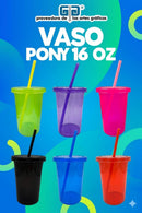 VASO PONY 16 OZ CON TAPA Y POPOTE DE COLOR, VARIEDAD EN COLORES