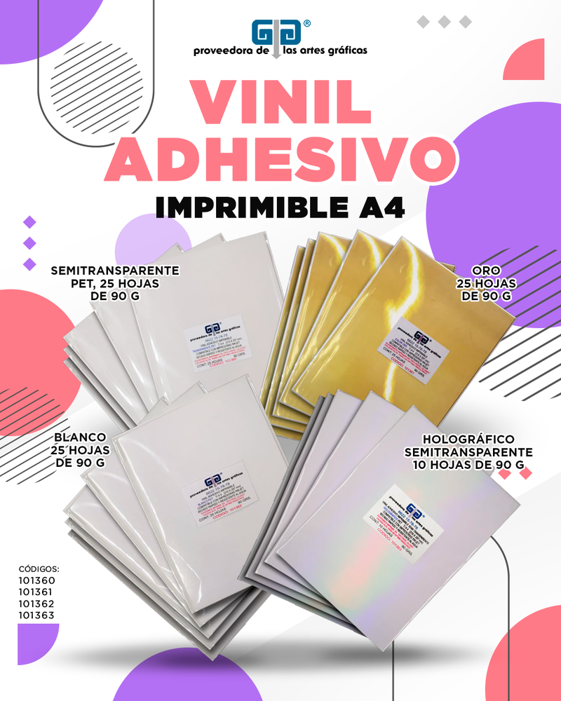 VINIL ADHESIVO IMPRIMIBLE BLANCO A4 CON 25 HOJAS DE 90 G