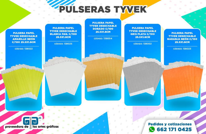 PULSERA PAPEL TYVEK DESECHABLE VARIEDAD EN COLORES C/100 25.5x1.8cm