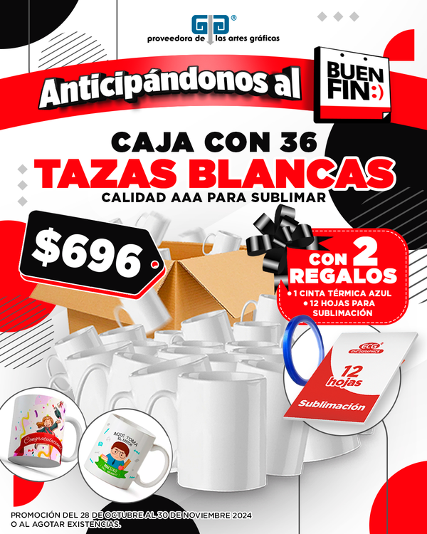 CAJA Taza blanca para sublimar caja 36 piezas de 11 oz