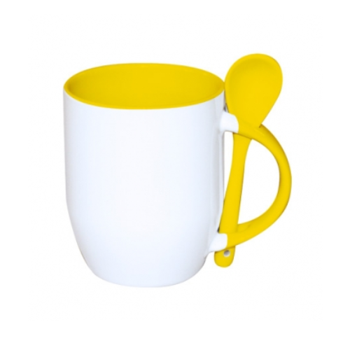 TAZA BLANCA CON CUCHARA 11 OZ AMARILLA FONDO OVALADO PARA SUBLIMAR SUBLIMACION ENCOGRAPHICS