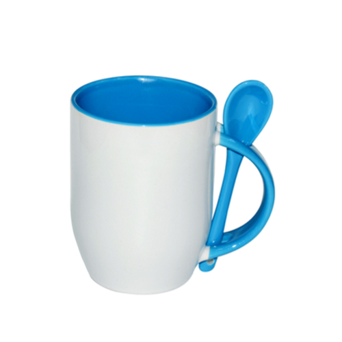 TAZA BLANCA CON CUCHARA 11 OZ AZUL FONDO OVALADO PARA SUBLIMAR SUBLIMACION ENCOGRAPHICS