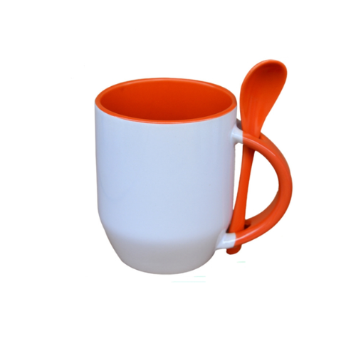 TAZA BLANCA CON CUCHARA 11 OZ NARANJA FONDO OVALADO PARA SUBLIMAR SUBLIMACION ENCOGRAPHICS