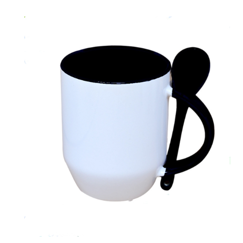 TAZA BLANCA CON CUCHARA 11 OZ NEGRO FONDO OVALADO PARA SUBLIMAR SUBLIMACION ENCOGRAPHICS