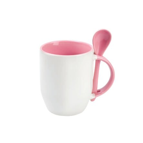 TAZA BLANCA CON CUCHARA 11 OZ ROSA FONDO OVALADO PARA SUBLIMAR SUBLIMACION ENCOGRAPHICS