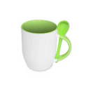 TAZA BLANCA CON CUCHARA 11 OZ VERDE CLARO FONDO OVALADO PARA SUBLIMAR SUBLIMACION ENCOGRAPHICS