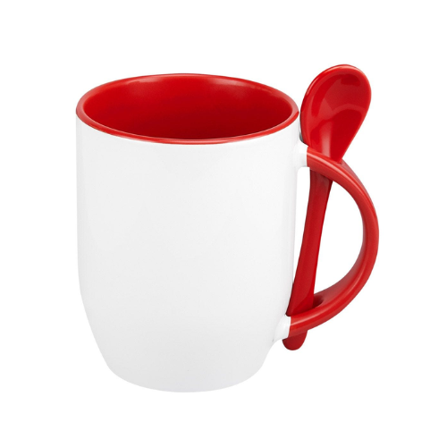 TAZA BLANCA CON CUCHARA 11 OZ ROJO FONDO OVALADO PARA SUBLIMAR SUBLIMACION ENCOGRAPHICS