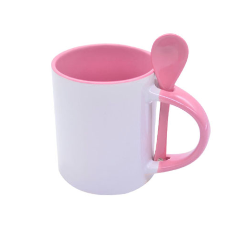 TAZA BLANCA INTERIOR ROSA CUCHARA Y  ASA ROSA 11 oz FONDO PLANO PARA SUBLIMAR SUBLIMACION ENCOGRAPHICS